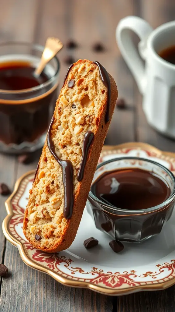 Chocolate dipped biscotti on a decorative plate next to a cup of chocolate sauce