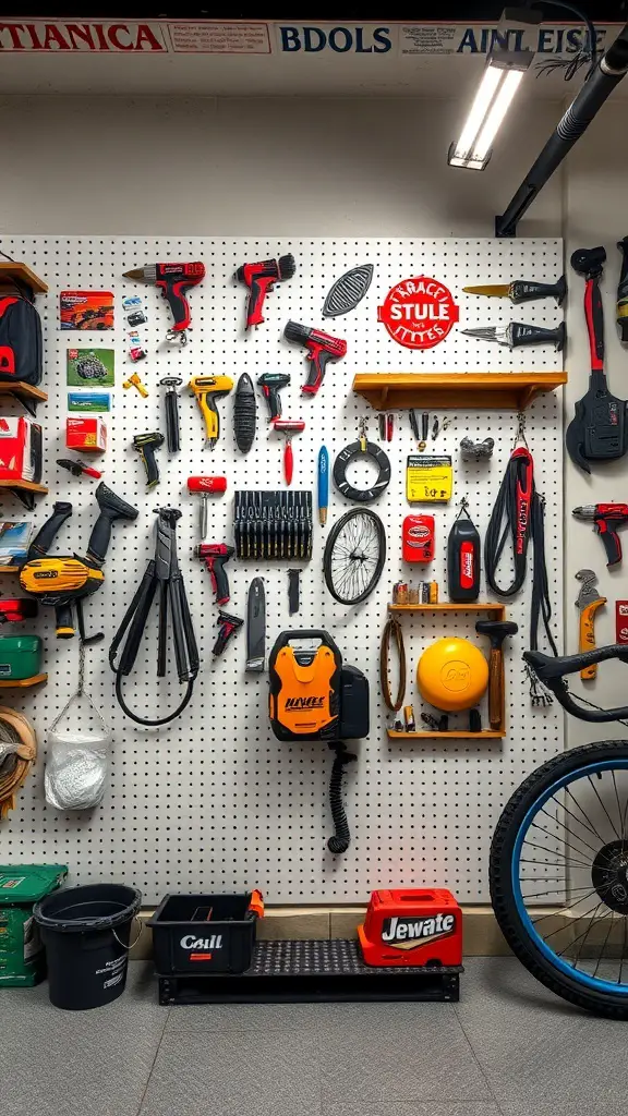 A well-organized pegboard displaying various tools and accessories in a garage.