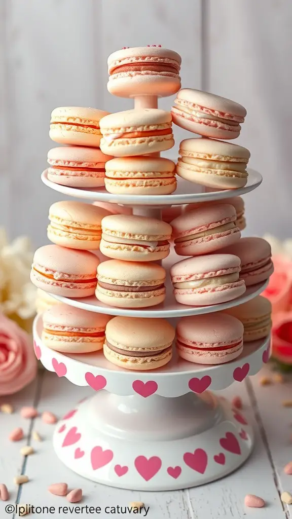 29+ Delightful Valentine's Day Treats to Share with Your Loved One 16 A tiered stand filled with pastel-colored macarons decorated with hearts, perfect for Valentine's Day.