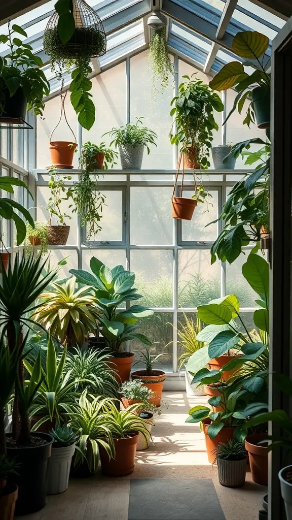 29+ Creative She Shed Ideas for Small Spaces 16 A bright indoor plant sanctuary filled with various potted plants and hanging greenery.