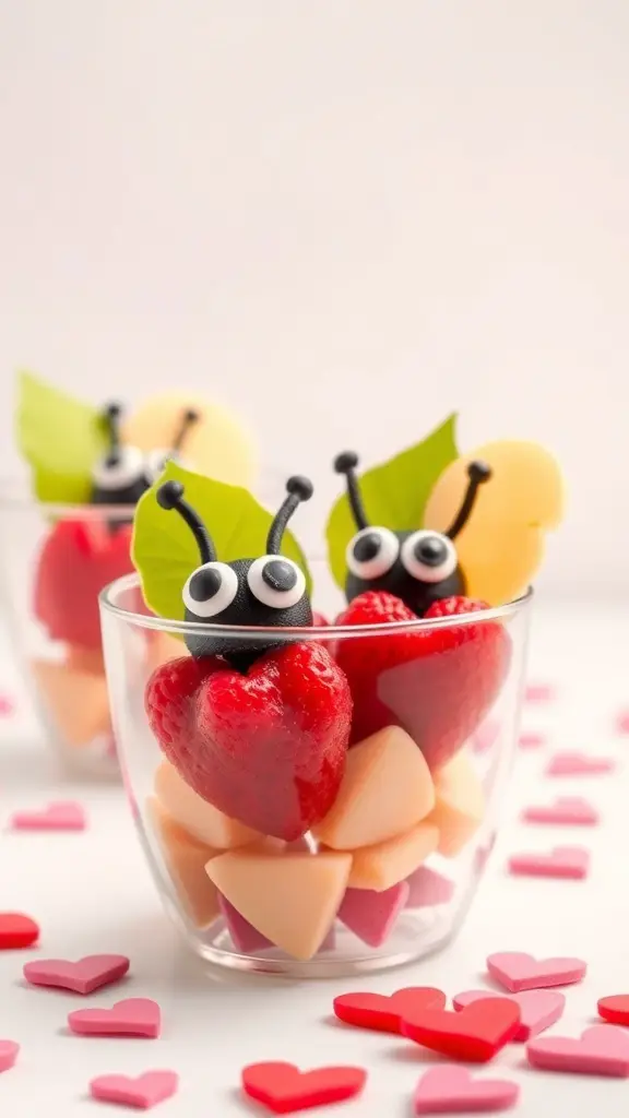 Colorful fruit cups decorated as love bugs with heart-shaped strawberries and candy eyes.