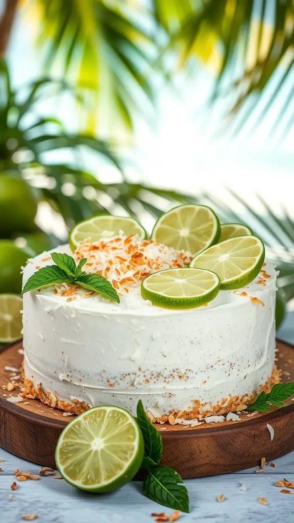 A beautifully decorated Coconut Lime Plant Cake with lime slices and toasted coconut on top, set against a tropical background.