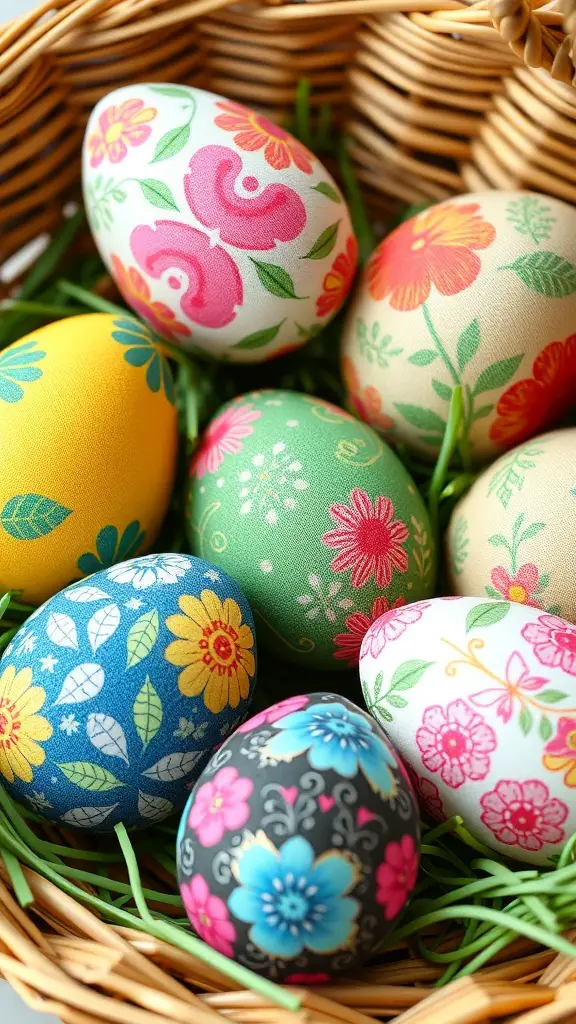 A basket filled with colorful fabric Easter eggs, showcasing various floral designs.