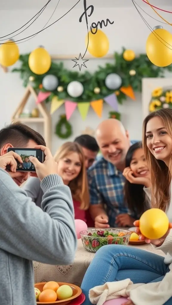 A group of friends and family celebrating Easter, taking photos together with colorful decorations and festive items.