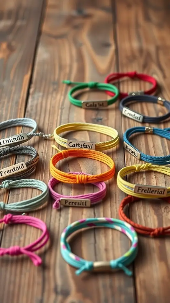 A collection of colorful friendship bracelets with various names on them.