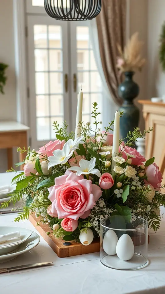 A beautiful Easter centerpiece featuring pink roses, white lilies, and decorative eggs.