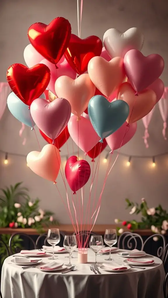 A beautiful arrangement of heart-shaped balloons in red, pink, and white, floating above a table set for Valentine's Day.