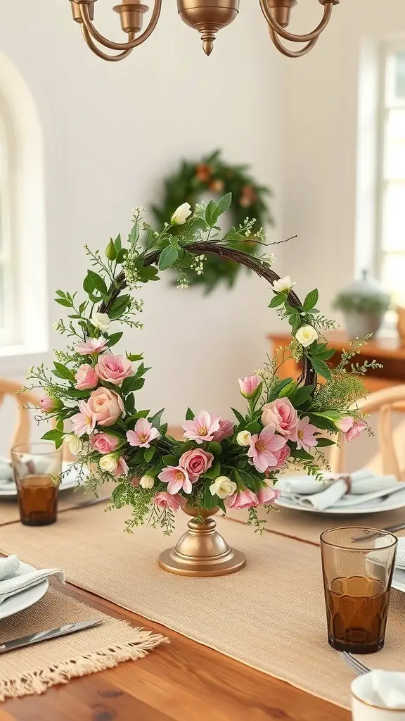 A spring-themed wreath centerpiece featuring pink flowers and greenery on a dining table.