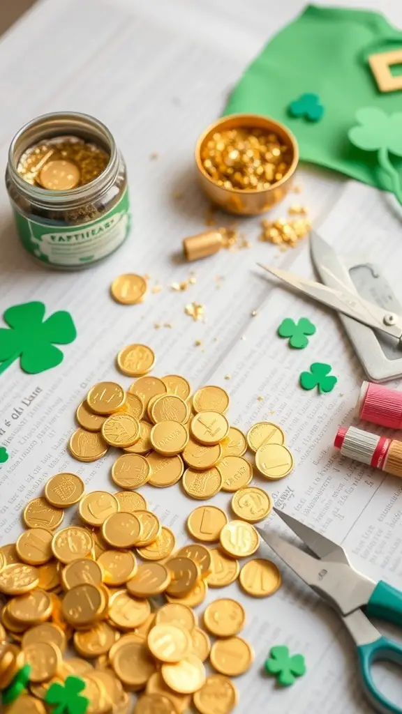 Crafting supplies for St. Patrick's Day including gold coins, green shamrocks, scissors, and glitter.