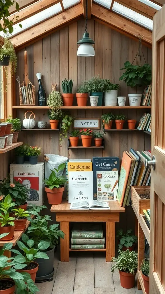 A cozy potting shed with shelves of gardening books and potted plants.
