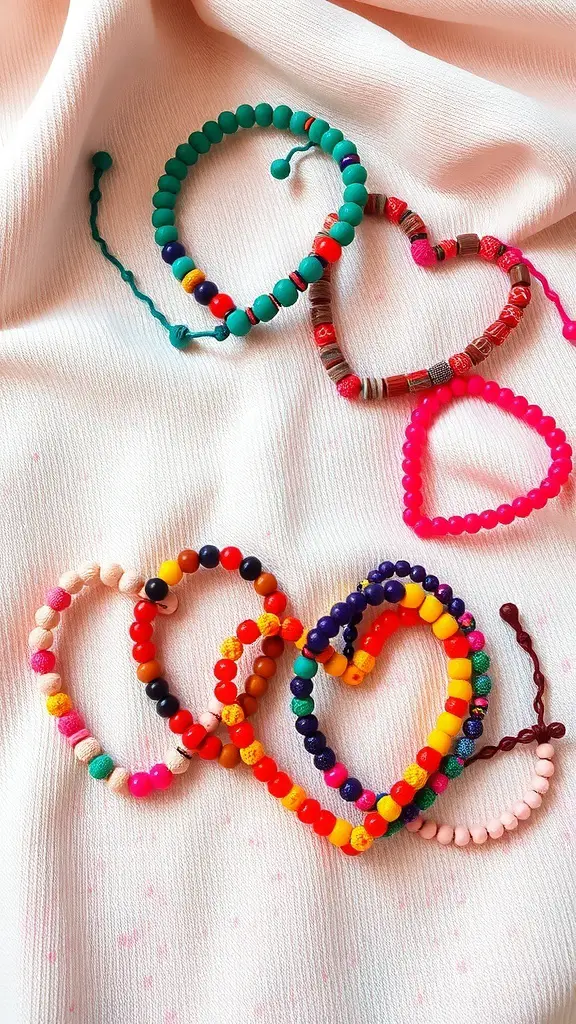 Colorful beaded friendship bracelets arranged in heart shapes on a soft fabric background.