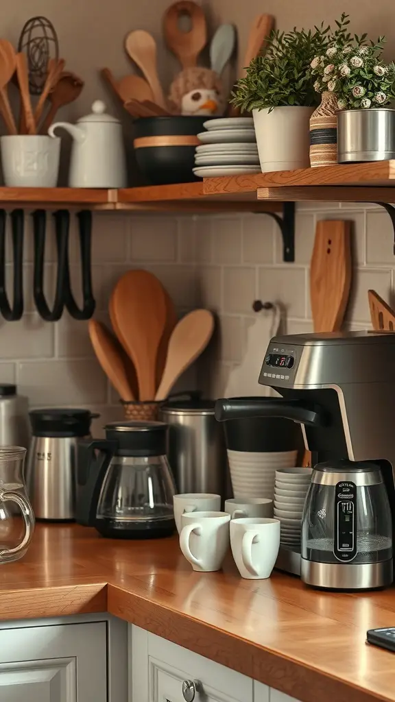 23+ Inspiring Kitchen Counter Styling Ideas to Elevate Your Space 14 A cozy coffee station with a coffee maker, mugs, and decorative elements on a kitchen counter.