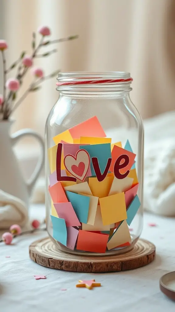 29+ Creative Valentine’s Crafts to Sell This Season 4 A jar filled with colorful notes labeled 'Love' surrounded by decorative elements.