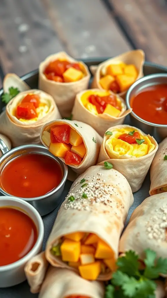 45+ Creative Mother's Day Brunch Ideas 14 A platter of mini breakfast burritos filled with eggs, cheese, and tomatoes, served with salsa.