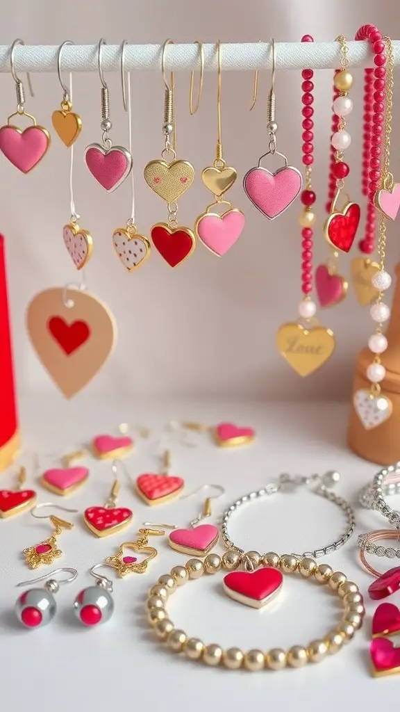 29+ Creative Valentine’s Crafts to Sell This Season 13 A display of Valentine's Day jewelry featuring heart-shaped earrings and bracelets in pink and red colors.