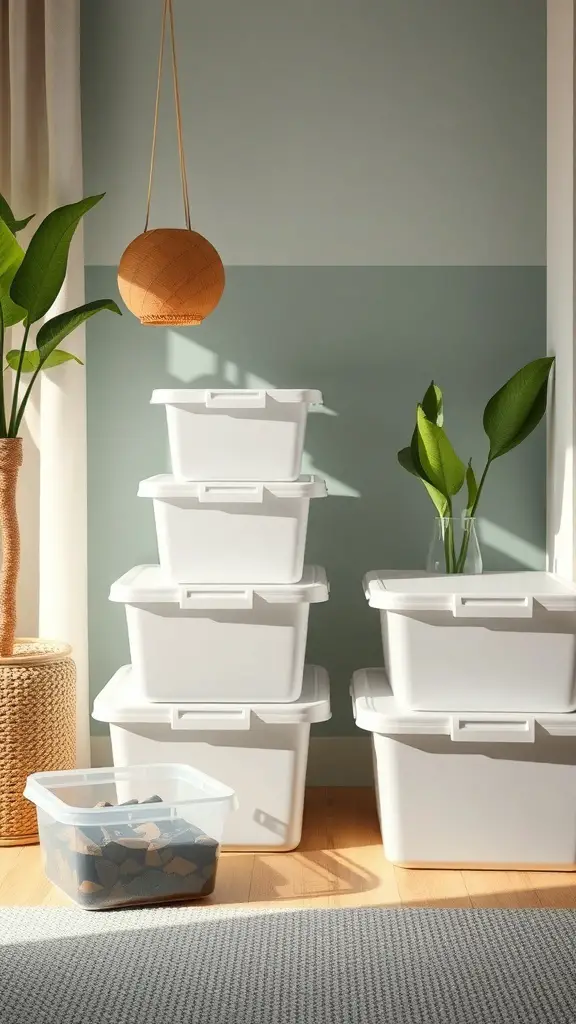 A stack of white plastic storage boxes in a well-lit room with plants and a hanging light.