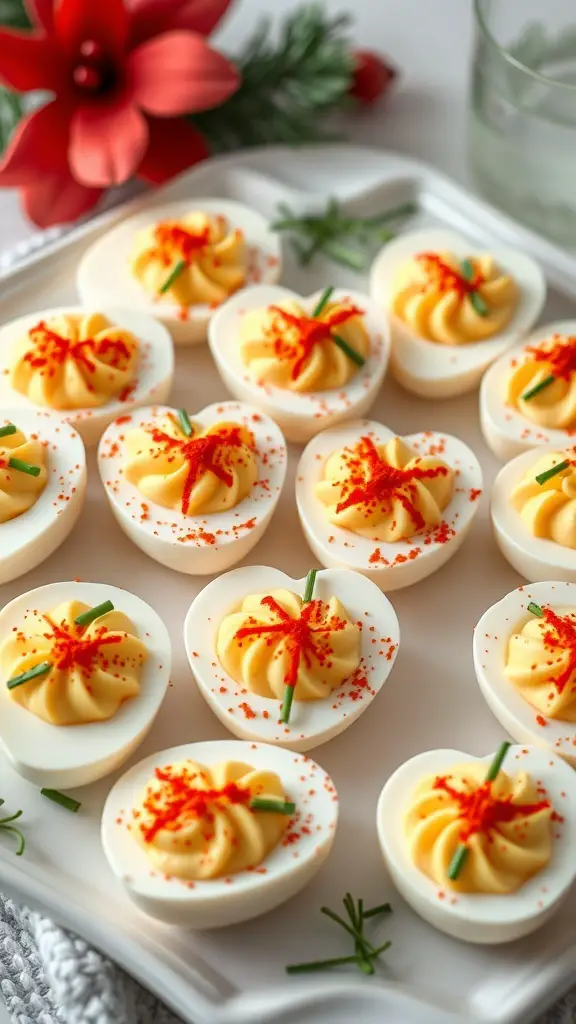 A plate of heart-shaped deviled eggs topped with paprika and chives