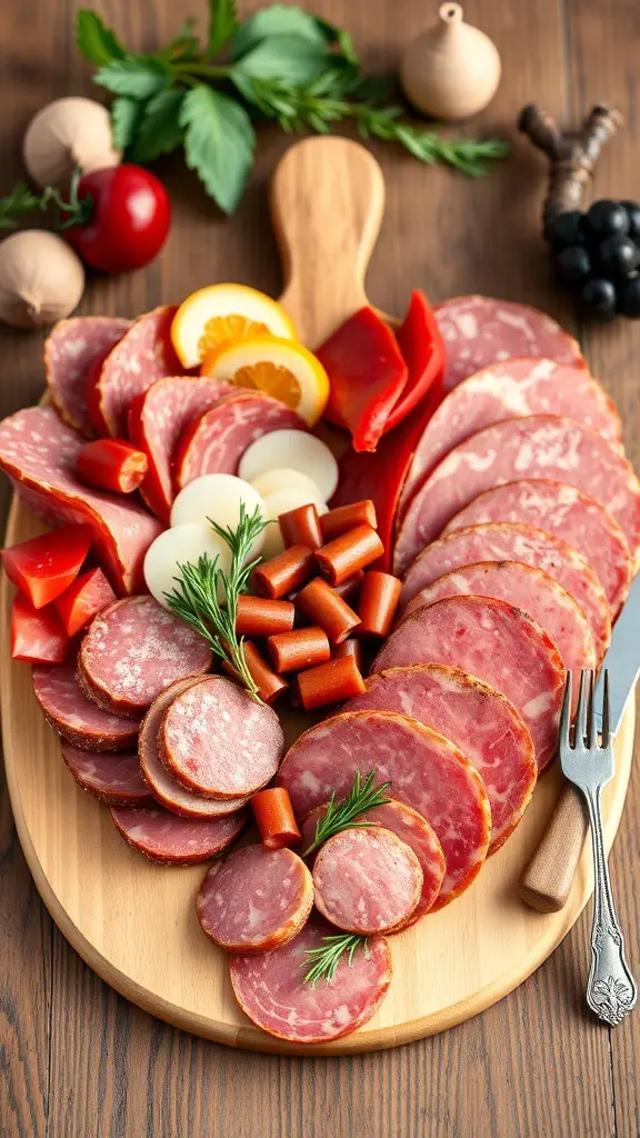 A heart-shaped charcuterie board featuring various meats, cheeses, and garnishes.