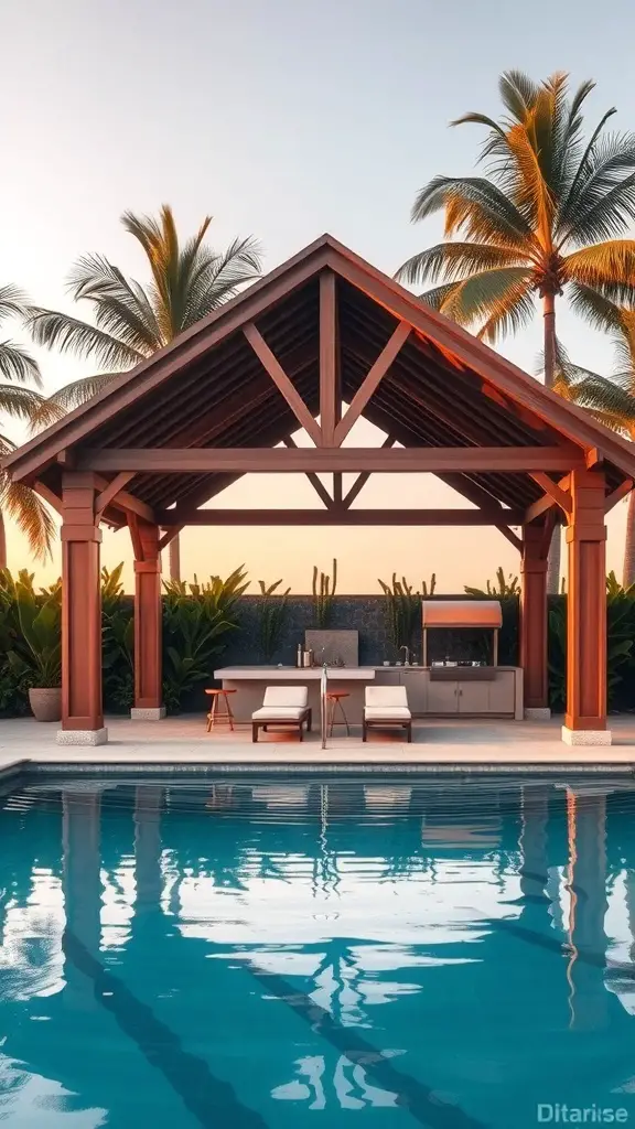 Luxury poolside shed with wooden structure, lounge chairs, and outdoor kitchen