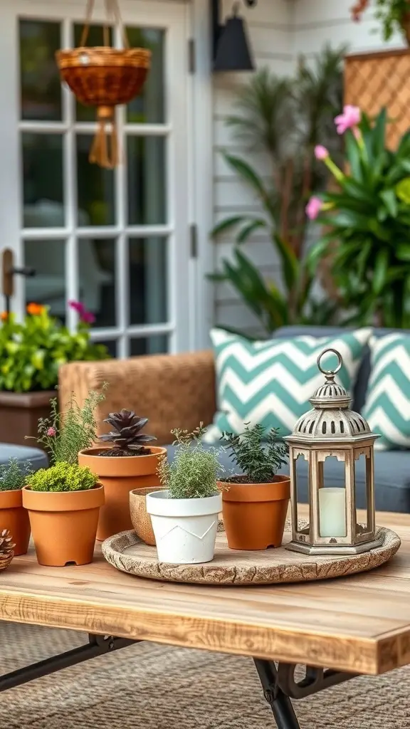A coffee table decorated with potted plants, a lantern, and colorful cushions in an outdoor setting.