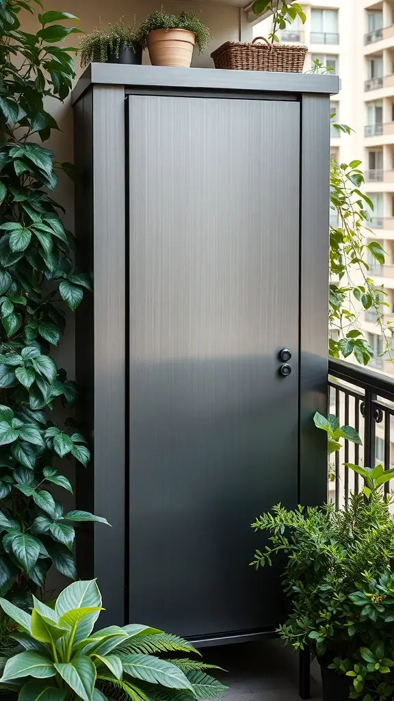 29+ Inspiring Balcony Cabinet Ideas 5 A modern metal cabinet on a balcony surrounded by plants.