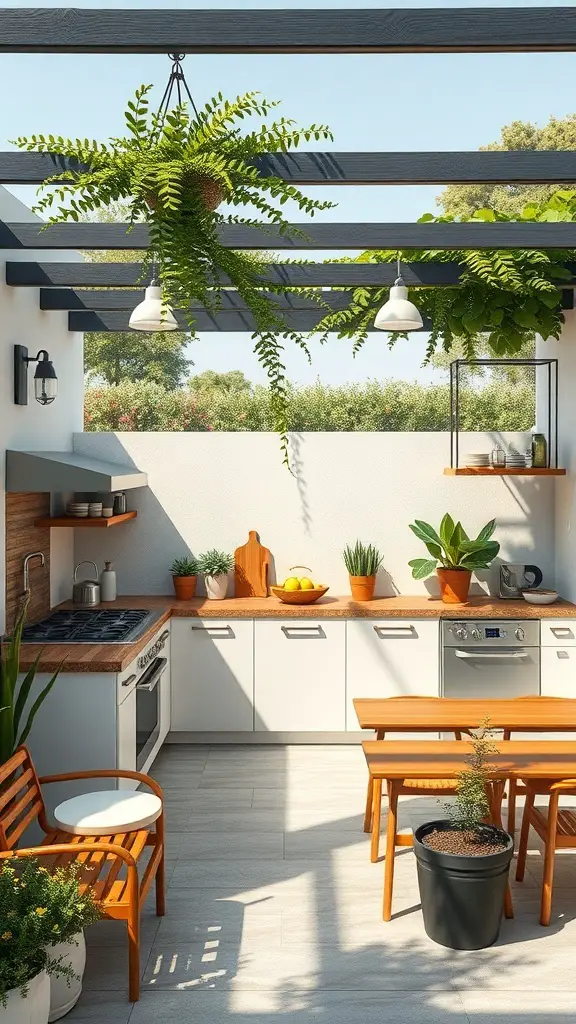A stylish terrace kitchen with wooden furniture, plants, and a modern cooking area.