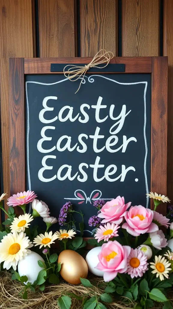 Chalkboard sign with Easter message surrounded by flowers and decorative eggs.