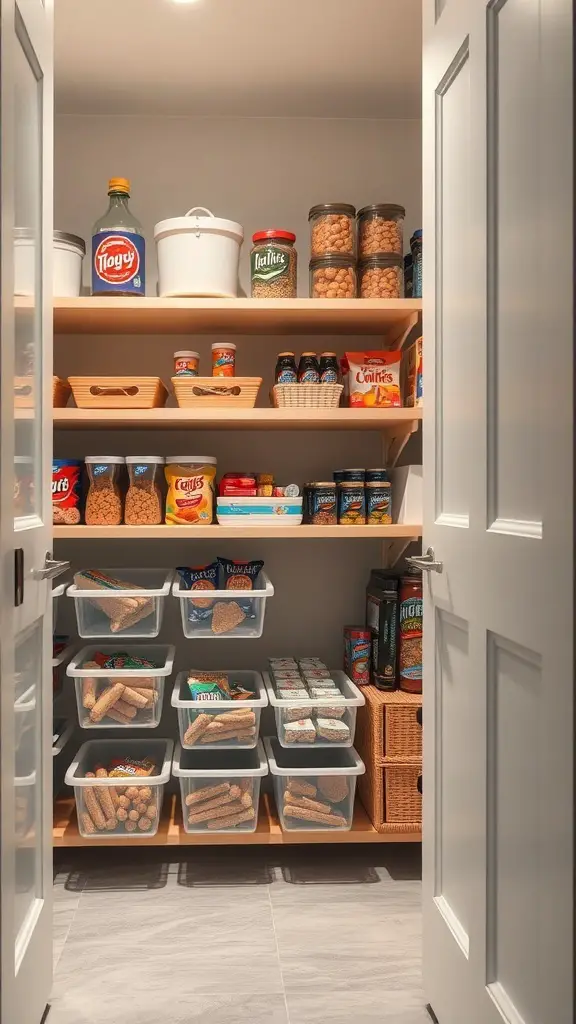 A well-organized pantry featuring sliding bins for easy access to food items.