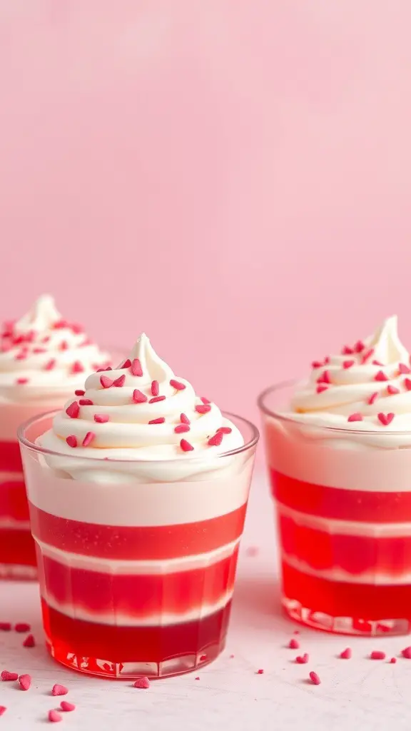 Colorful Valentine's Day Jello Cups with whipped cream and heart sprinkles