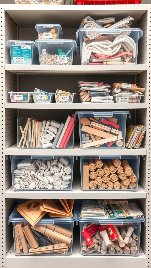 29+ Creative Bin Organization Ideas 7 Organized shelf with clear plastic bins filled with various materials and tools.