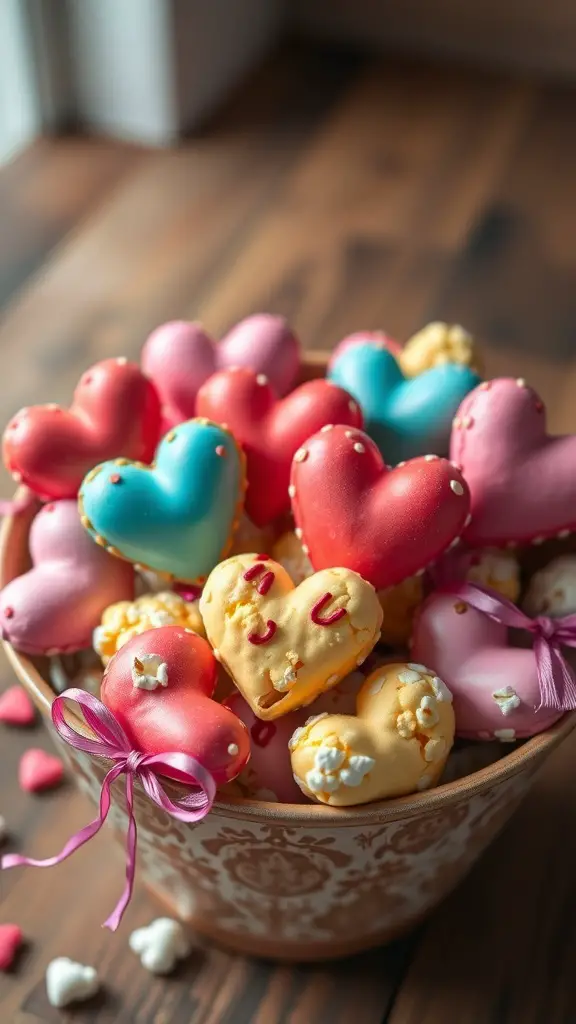 A bowl filled with colorful heart-shaped popcorn balls decorated with icing and sprinkles.