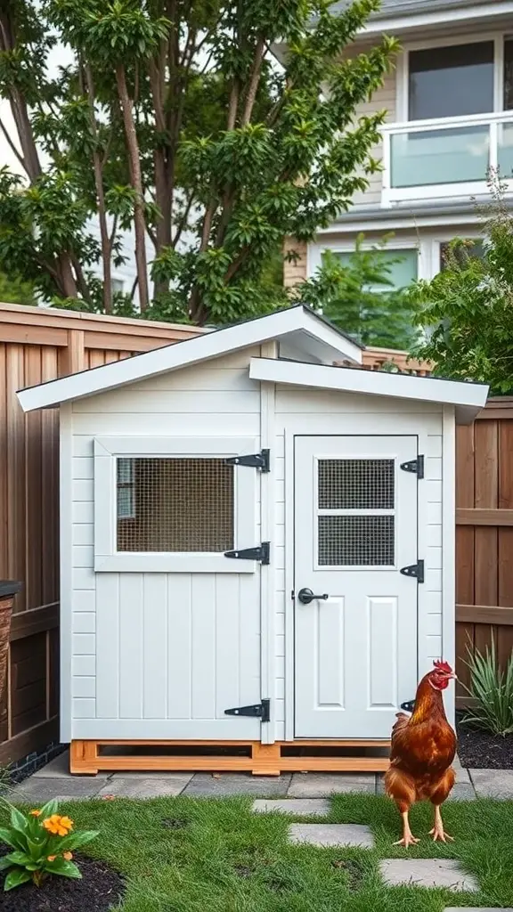 A modern minimalist chicken coop in a backyard with a chicken in front