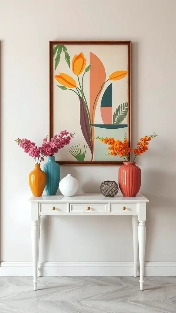 Entryway table with colorful vases and artwork