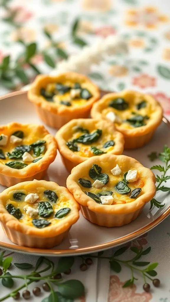 A plate of mini quiches filled with spinach and feta, arranged beautifully.