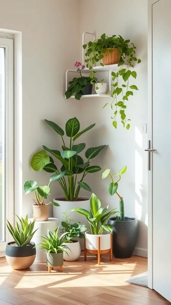 A cozy corner with various indoor plants arranged in pots of different sizes and styles.