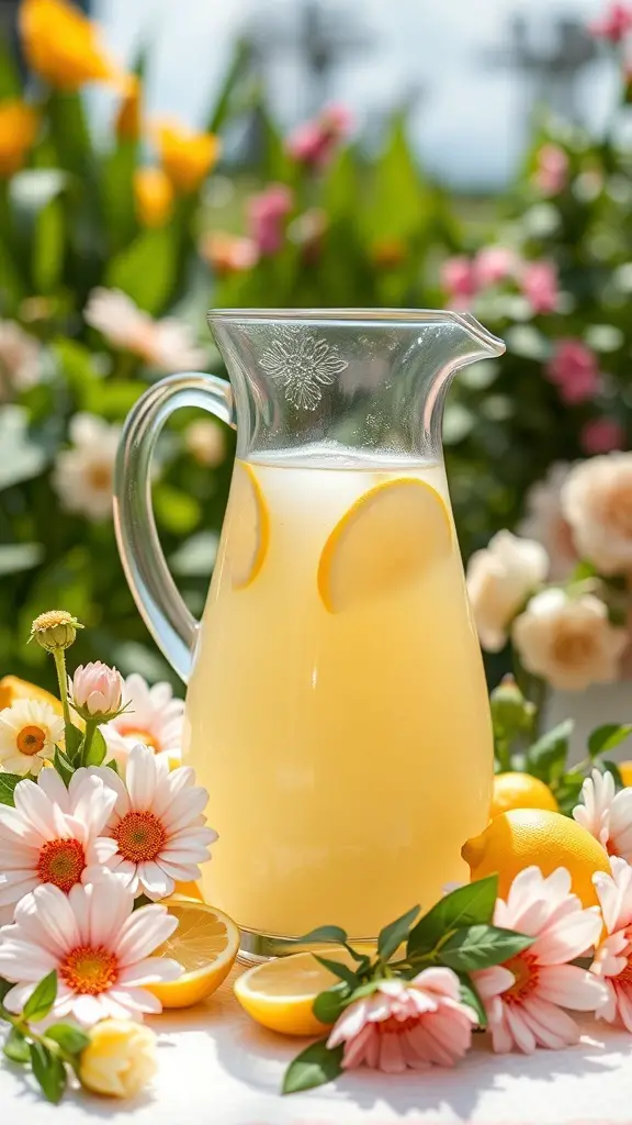 A glass pitcher of lemonade with lemon slices, surrounded by colorful flowers.
