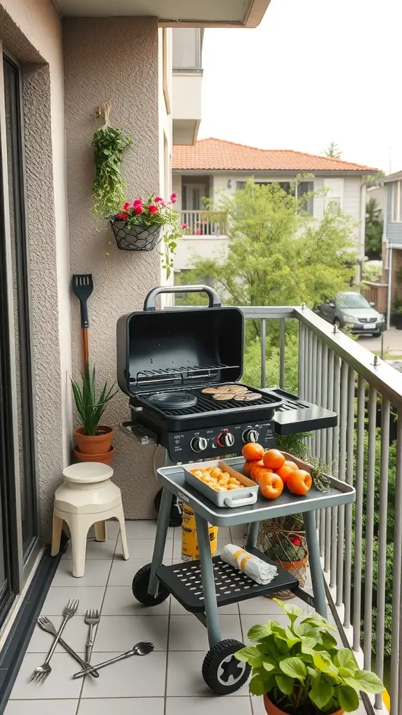 23+ Stylish Mini Balcony Ideas 14 A compact BBQ grill on a small balcony with fresh ingredients and plants.