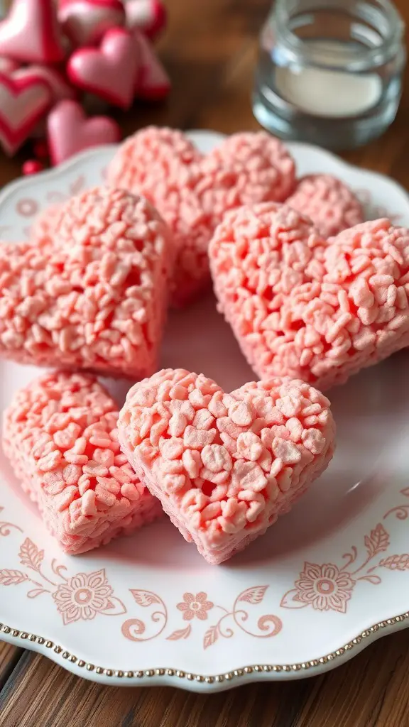 Heart-shaped pink Rice Krispie Treats on a decorative plate