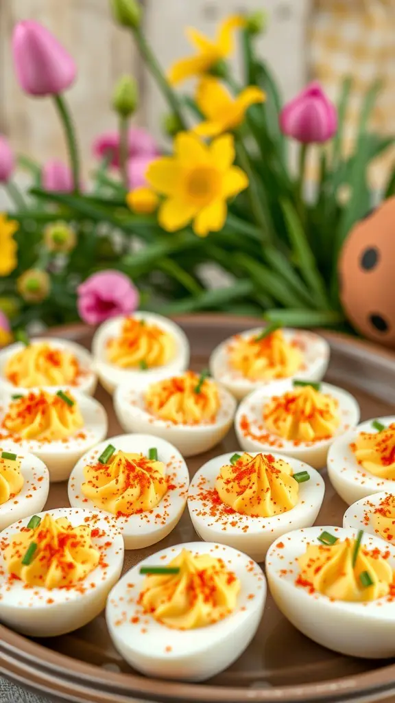 A platter of deviled eggs topped with paprika and chives, surrounded by colorful flowers.