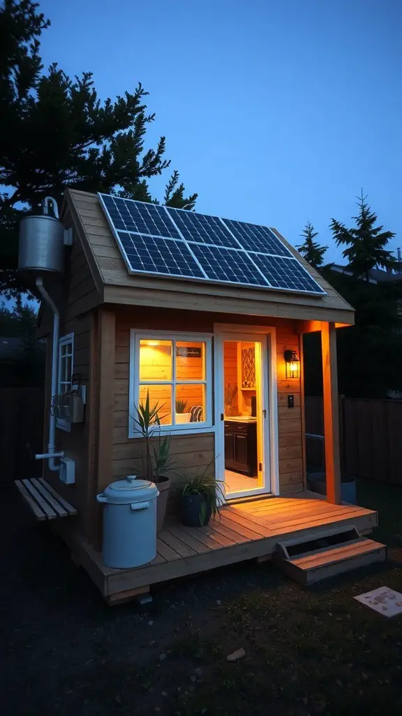 A small wooden shed with solar panels, illuminated at night, surrounded by trees.