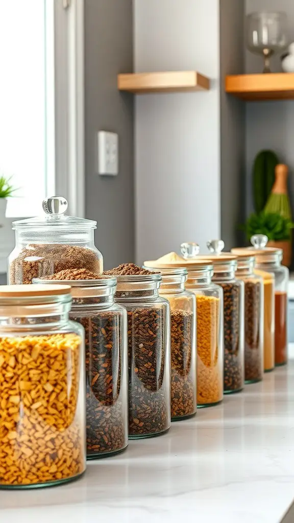 29+ Stunning Countertop Decor Ideas to Elevate Your Space 9 Stylish glass canisters filled with various ingredients on a kitchen countertop.
