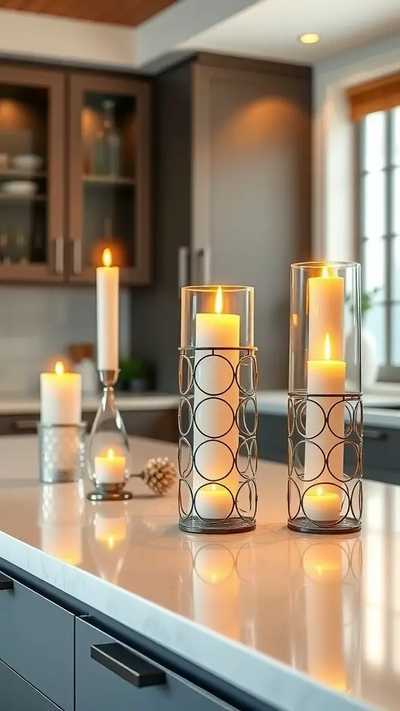 29+ Stunning Countertop Decor Ideas to Elevate Your Space 7 A stylish arrangement of candles in holders on a kitchen countertop.