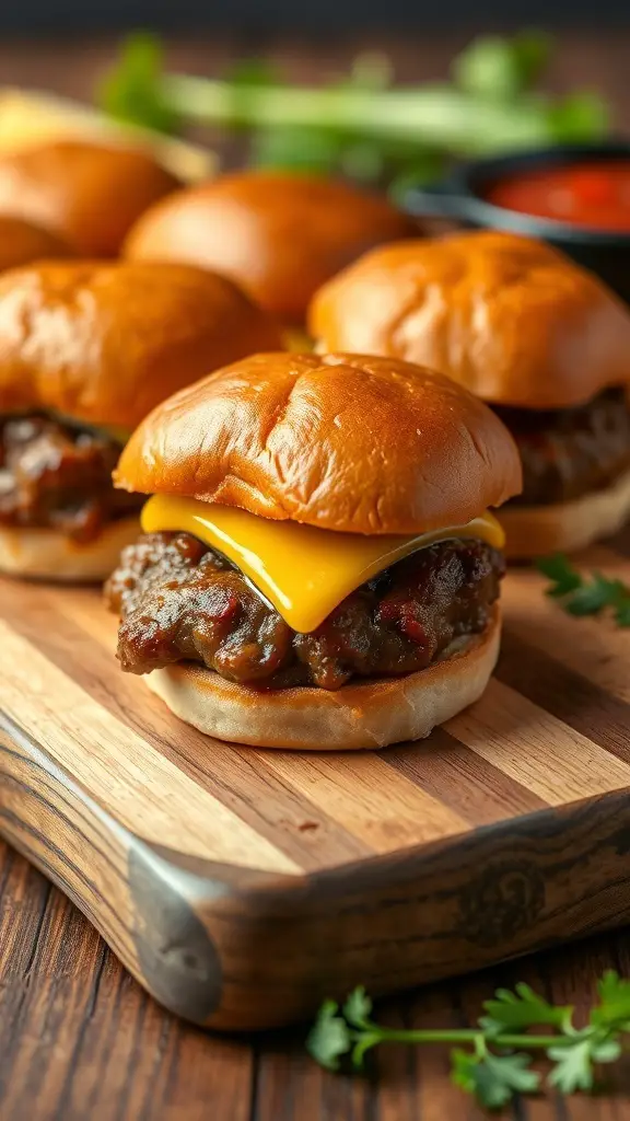 Mini beef sliders with cheddar cheese on a wooden platter