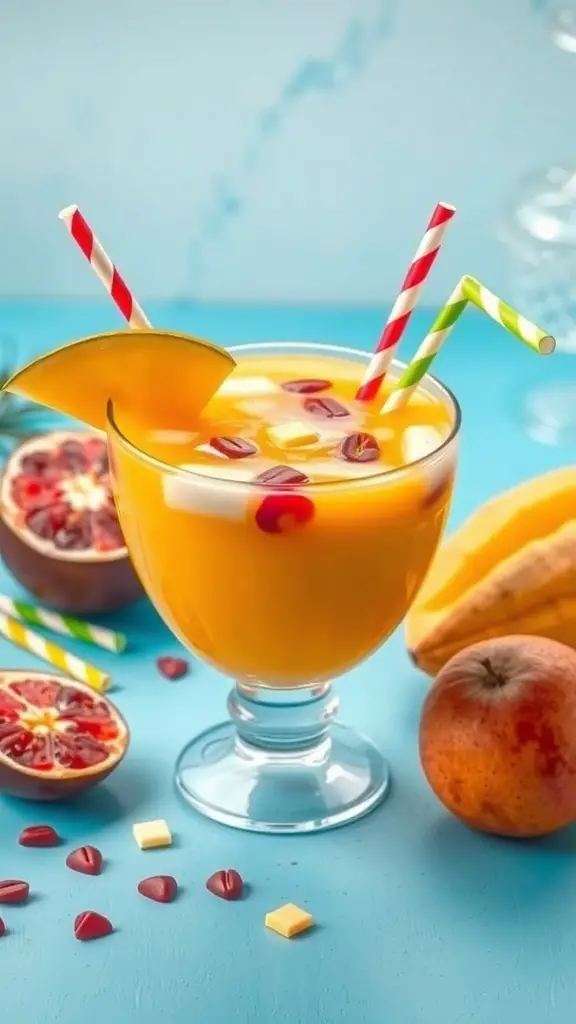 A glass of Mango Passionfruit Punch with colorful straws and fresh fruit garnishes.