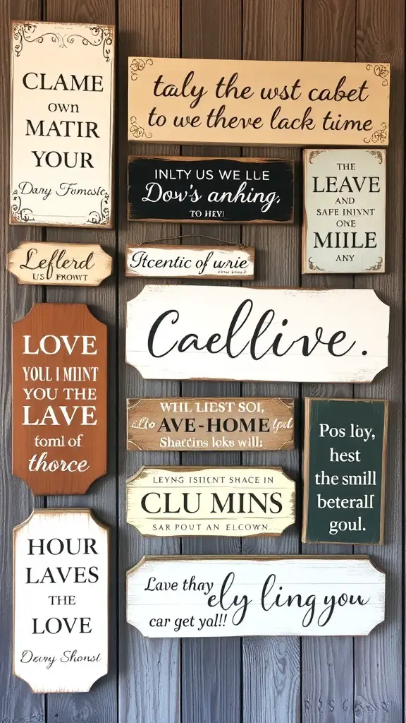 A collection of vintage farmhouse signs with various playful phrases displayed on a wooden wall.