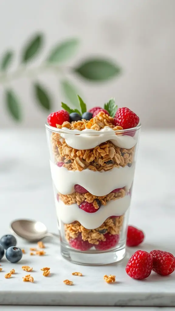 A delicious breakfast parfait with layers of yogurt, granola, and red fruits.