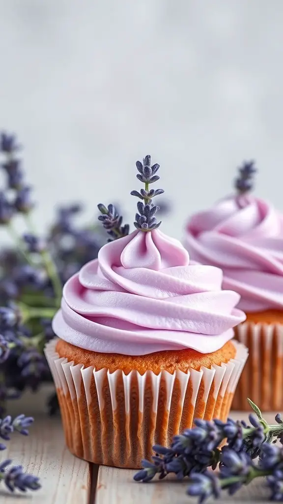 Lavender infused cupcakes with pink frosting and lavender sprigs on top