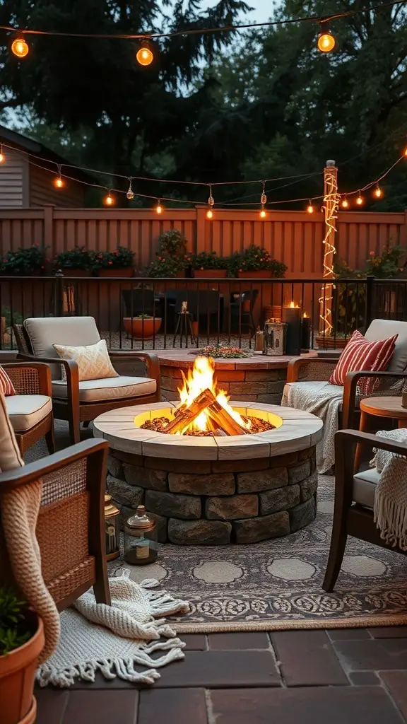 Cozy fire pit setting with comfortable seating, string lights, and a warm fire.