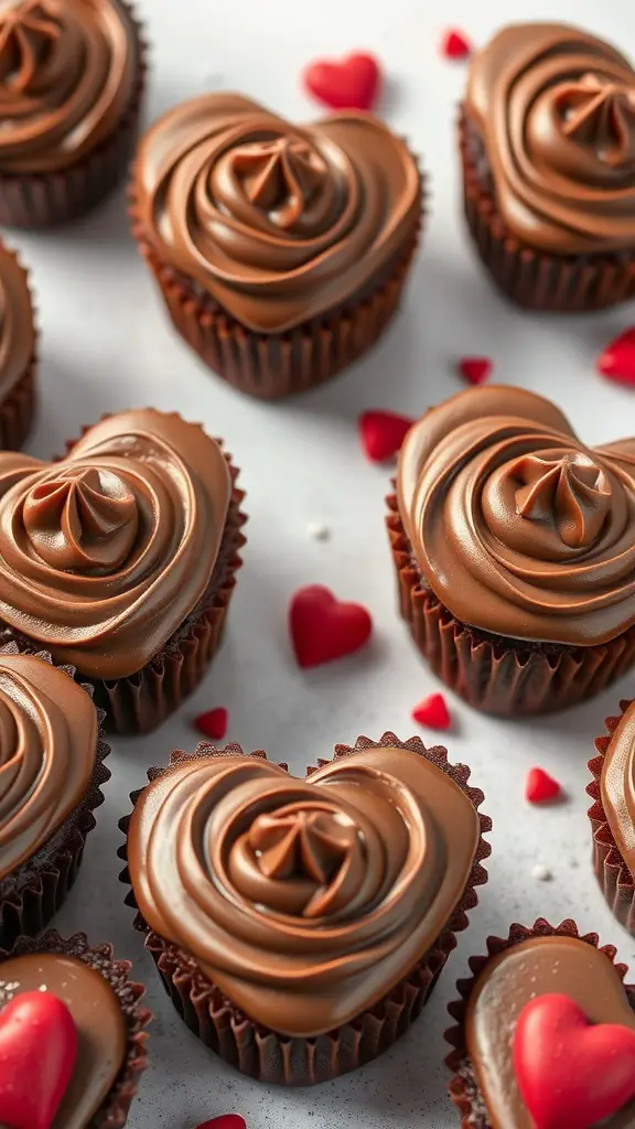 Heart-shaped peanut butter cupcakes with chocolate frosting and red heart sprinkles