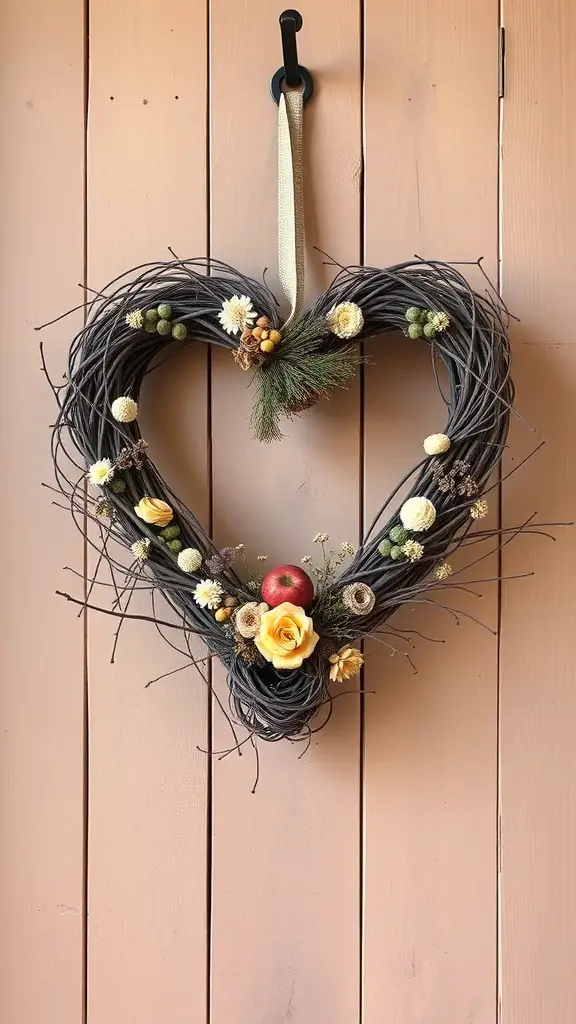 29+ Charming Farmhouse Valentine Decor Ideas You’ll Love 9 A rustic heart wreath made of twigs and adorned with flowers and an apple, hanging on a wooden wall.